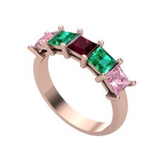 Kök yakut, yeşil kuvars ve pembe kuvars 14 ayar rose altın yüzük