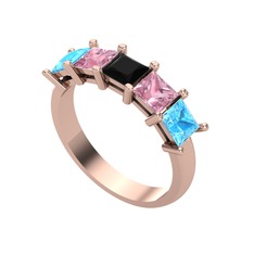 Edda 5 Taşlı Yüzük - Siyah zirkon, pembe kuvars ve akuamarin 14 ayar rose altın yüzük #onrkx9