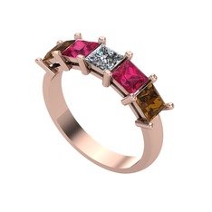 Edda 5 Taşlı Yüzük - Pırlanta, rodolit garnet ve dumanlı kuvars 925 ayar rose altın kaplama gümüş yüzük (0.39 karat) #oourx2