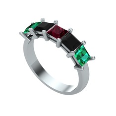 Edda 5 Taşlı Yüzük - Kök yakut, siyah zirkon ve yeşil kuvars 18 ayar beyaz altın yüzük #oqh6i6