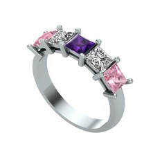 Ametist, swarovski ve pembe kuvars 8 ayar beyaz altın yüzük