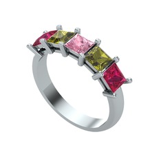 Pembe kuvars, peridot ve rodolit garnet 8 ayar beyaz altın yüzük
