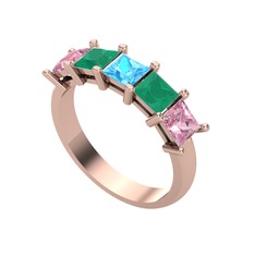 Edda 5 Taşlı Yüzük - Akuamarin, kök zümrüt ve pembe kuvars 8 ayar rose altın yüzük #ozn59p