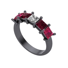 Edda 5 Taşlı Yüzük - Swarovski, kök yakut ve rodolit garnet 925 ayar siyah rodyum kaplama gümüş yüzük #p908lf