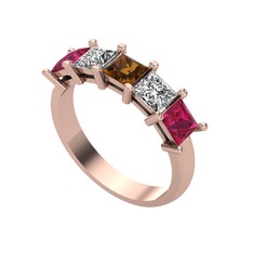 Dumanlı kuvars, beyaz zirkon ve rodolit garnet 14 ayar rose altın yüzük
