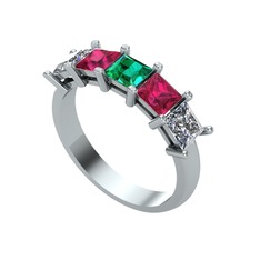 Edda 5 Taşlı Yüzük - Yeşil kuvars, rodolit garnet ve pırlanta 18 ayar beyaz altın yüzük (0.78 karat) #q05j53