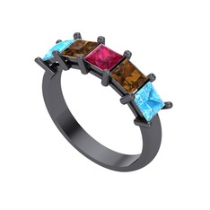 Edda 5 Taşlı Yüzük - Rodolit garnet, dumanlı kuvars ve akuamarin 925 ayar siyah rodyum kaplama gümüş yüzük #qudy7i