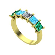 Edda 5 Taşlı Yüzük - Pırlanta, akuamarin ve yeşil kuvars 8 ayar altın yüzük (0.39 karat) #qzedsz