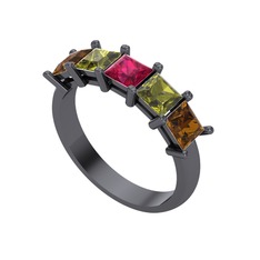 Rodolit garnet, peridot ve dumanlı kuvars 925 ayar siyah rodyum kaplama gümüş yüzük