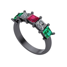 Edda 5 Taşlı Yüzük - Rodolit garnet, pırlanta ve yeşil kuvars 925 ayar siyah rodyum kaplama gümüş yüzük (0.78 karat) #r8yvzk