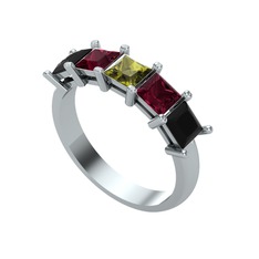 Peridot, kök yakut ve siyah zirkon 8 ayar beyaz altın yüzük