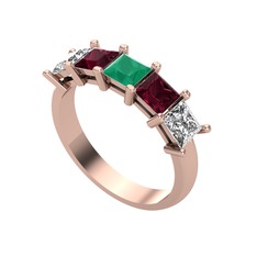 Edda 5 Taşlı Yüzük - Kök zümrüt, kök yakut ve swarovski 14 ayar rose altın yüzük #s9ixwe
