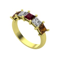 Kök yakut, swarovski ve dumanlı kuvars 8 ayar altın yüzük