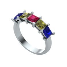 Edda 5 Taşlı Yüzük - Rodolit garnet, peridot ve lab safir 14 ayar beyaz altın yüzük #su25xk