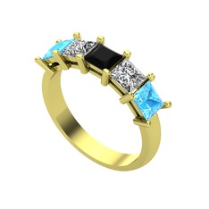 Edda 5 Taşlı Yüzük - Siyah zirkon, swarovski ve akuamarin 925 ayar altın kaplama gümüş yüzük #tgcce3