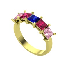 Lab safir, rodolit garnet ve pembe kuvars 18 ayar altın yüzük