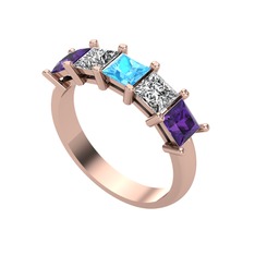 Akuamarin, swarovski ve ametist 8 ayar rose altın yüzük