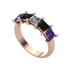 Edda 5 Taşlı Yüzük - Pırlanta, siyah zirkon ve ametist 925 ayar rose altın kaplama gümüş yüzük (0.39 karat) #v3i4k