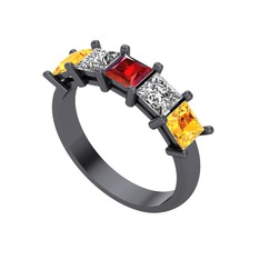 Edda 5 Taşlı Yüzük - Garnet, beyaz zirkon ve sitrin 925 ayar siyah rodyum kaplama gümüş yüzük #v4avn6