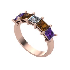 Edda 5 Taşlı Yüzük - Pırlanta, dumanlı kuvars ve ametist 14 ayar rose altın yüzük (0.39 karat) #vgt0oy