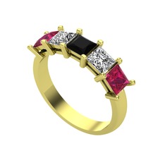 Edda 5 Taşlı Yüzük - Siyah zirkon, swarovski ve rodolit garnet 14 ayar altın yüzük #vu70mb