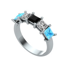 Edda 5 Taşlı Yüzük - Siyah zirkon, swarovski ve akuamarin 18 ayar beyaz altın yüzük #vz23ga