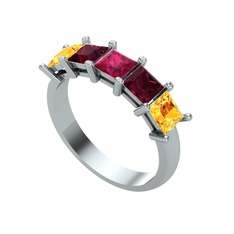 Edda 5 Taşlı Yüzük - Rodolit garnet, kök yakut ve sitrin 18 ayar beyaz altın yüzük #w5gky9