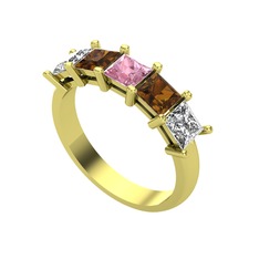 Pembe kuvars, dumanlı kuvars ve swarovski 925 ayar altın kaplama gümüş yüzük