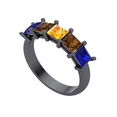 Edda 5 Taşlı Yüzük - Sitrin, dumanlı kuvars ve lab safir 925 ayar siyah rodyum kaplama gümüş yüzük #x5n6hp