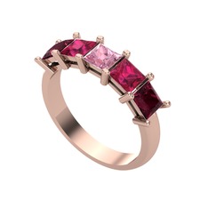 Pembe kuvars, rodolit garnet ve kök yakut 8 ayar rose altın yüzük