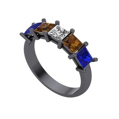 Edda 5 Taşlı Yüzük - Swarovski, dumanlı kuvars ve lab safir 925 ayar siyah rodyum kaplama gümüş yüzük #xp7arh