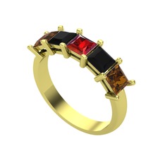 Garnet, siyah zirkon ve dumanlı kuvars 8 ayar altın yüzük