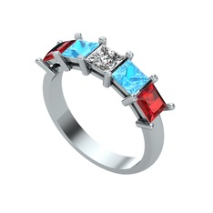 Swarovski, akuamarin ve garnet 14 ayar beyaz altın yüzük