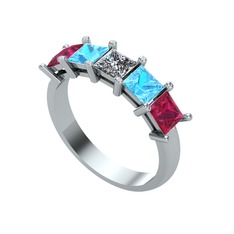 Edda 5 Taşlı Yüzük - Pırlanta, akuamarin ve rodolit garnet 925 ayar gümüş yüzük (0.39 karat) #z9m9f5