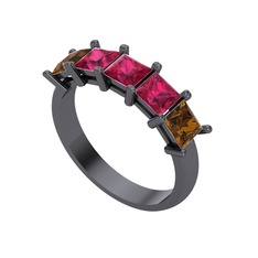 Rodolit garnet ve dumanlı kuvars 925 ayar siyah rodyum kaplama gümüş yüzük
