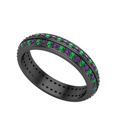 Ametist ve yeşil kuvars 925 ayar siyah rodyum kaplama gümüş yüzük