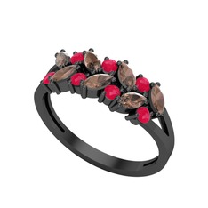 Alida Yüzük - Dumanlı kuvars ve kök yakut 925 ayar siyah rodyum kaplama gümüş yüzük #14o00xq