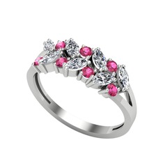 Beyaz zirkon ve rodolit garnet 8 ayar beyaz altın yüzük