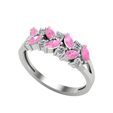 Pembe kuvars ve beyaz zirkon 8 ayar beyaz altın yüzük