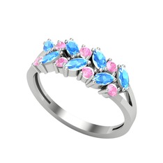 Alida Yüzük - Akuamarin ve pembe kuvars 8 ayar beyaz altın yüzük #196j7a7