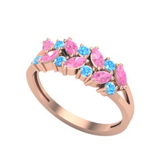 Pembe kuvars ve akuamarin 14 ayar rose altın yüzük