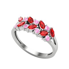 Garnet ve pembe kuvars 18 ayar beyaz altın yüzük