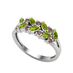 Peridot ve dumanlı kuvars 8 ayar beyaz altın yüzük