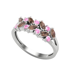 Dumanlı kuvars ve pembe kuvars 14 ayar beyaz altın yüzük