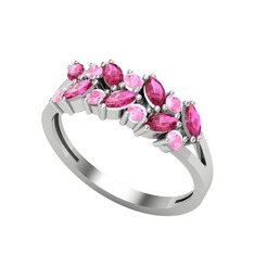 Rodolit garnet ve pembe kuvars 14 ayar beyaz altın yüzük