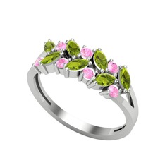 Peridot ve pembe kuvars 14 ayar beyaz altın yüzük