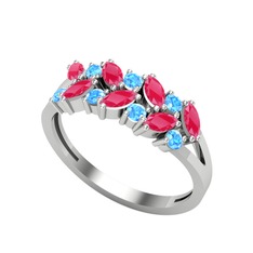 Alida Yüzük - Kök yakut ve akuamarin 18 ayar beyaz altın yüzük #1sar1a2