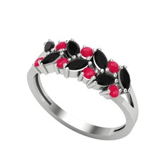 Siyah zirkon ve kök yakut 14 ayar beyaz altın yüzük