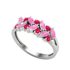 Alida Yüzük - Pembe kuvars ve kök yakut 14 ayar beyaz altın yüzük #20jt3z