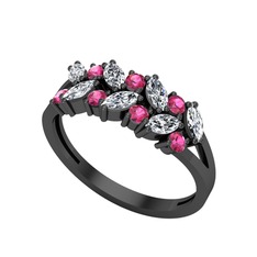 Swarovski ve rodolit garnet 925 ayar siyah rodyum kaplama gümüş yüzük